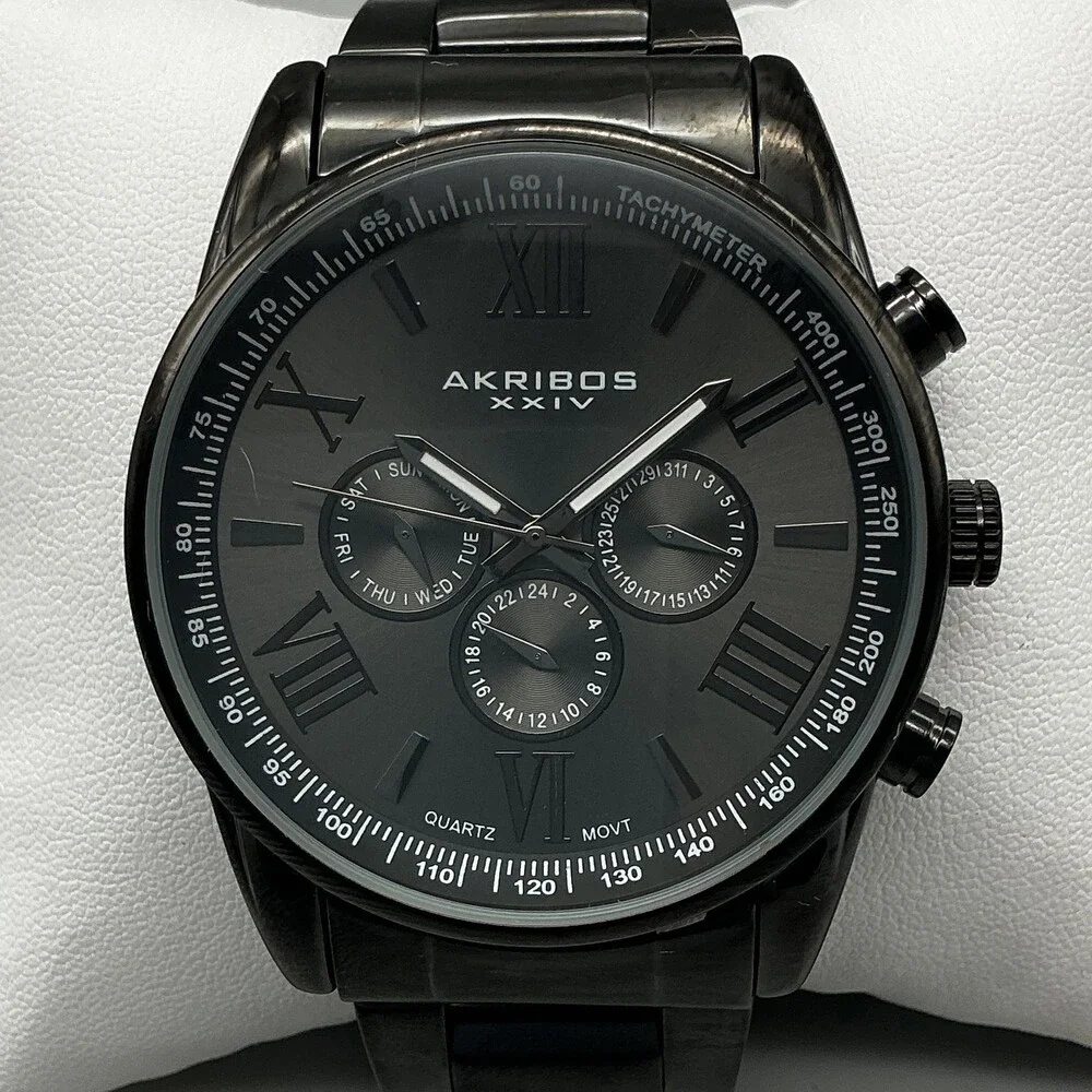 Akribos XXIV Mens Watch 45mm Black Dial Bracelet Day Date New Battery 7.75